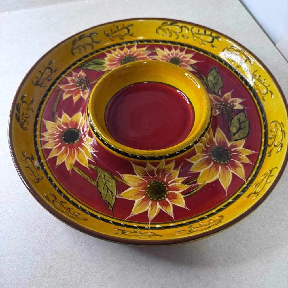 Pier 1 Red Yellow Sunflower Chips Salaa Dip Crudite Dish Hand Painted Terracotta - Picture 2 of 3
